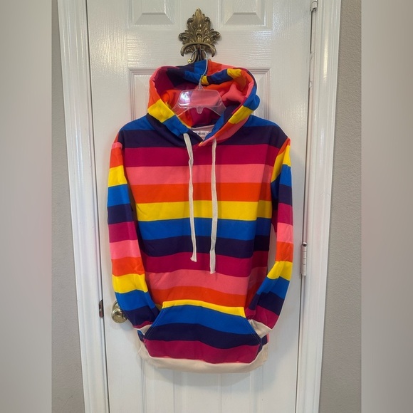XUERUAI Colorful Striped Pullover Hoodie Ribbed Cuffs and Waist Size Medium NWT - Picture 9 of 9